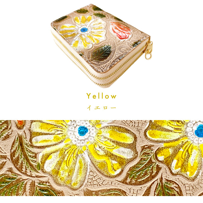 【Leo&Aoi公式ショップ】 レトロな花型押し 蛇腹 ダブルファスナー 財布 本革 レディース カード収納 ミニ財布 小さい財布 使いやすい 牛革 革財布 ラウンド型財布 【安心の返品保証付き】