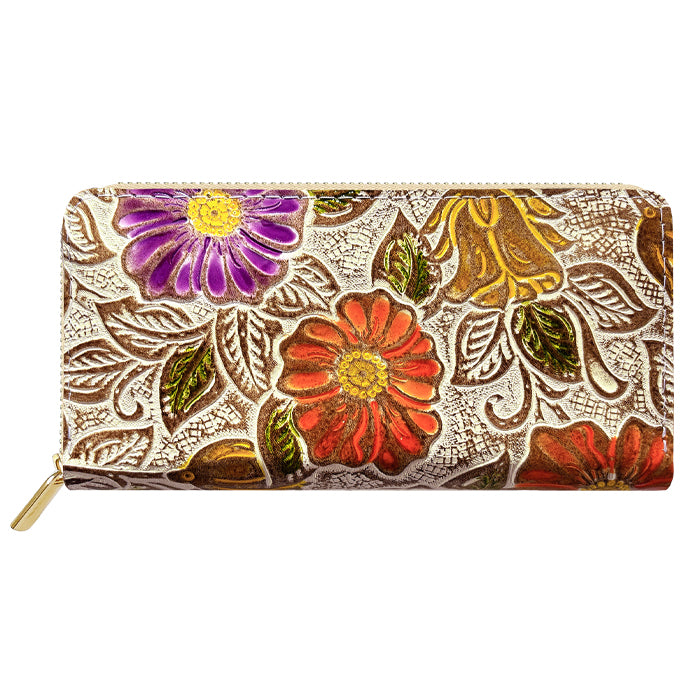 【Leo&Aoi公式ショップ】 本革 レトロな花型押し 蛇腹 カードポケット付き 財布 長財布 ラウンド型ファスナー レディース 大容量 【安心の返品保証付き】