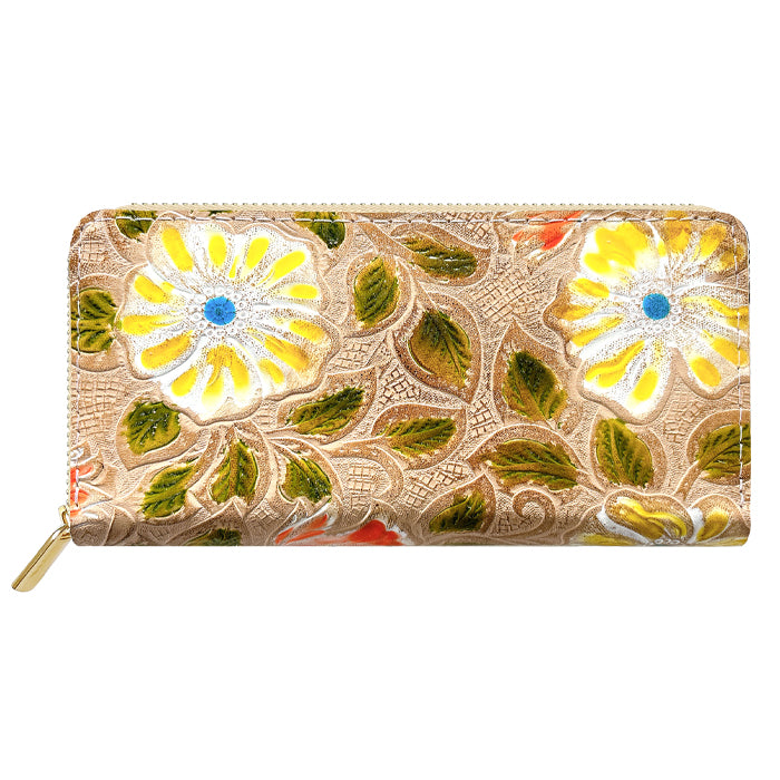 【Leo&Aoi公式ショップ】 本革 レトロな花型押し 蛇腹 カードポケット付き 財布 長財布 ラウンド型ファスナー レディース 大容量 【安心の返品保証付き】