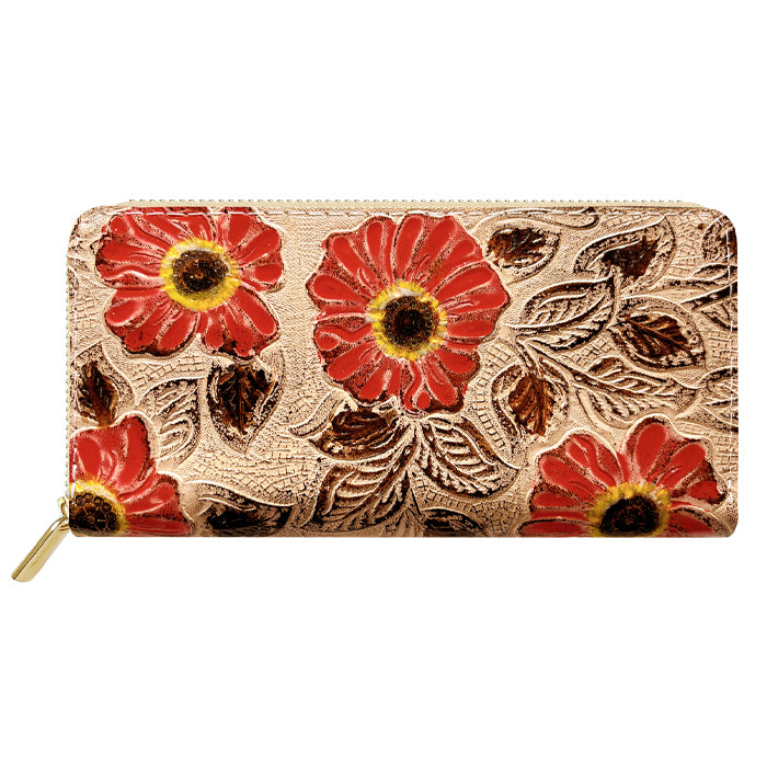 【Leo&Aoi公式ショップ】 本革 レトロな花型押し 蛇腹 カードポケット付き 財布 長財布 ラウンド型ファスナー レディース 大容量 【安心の返品保証付き】