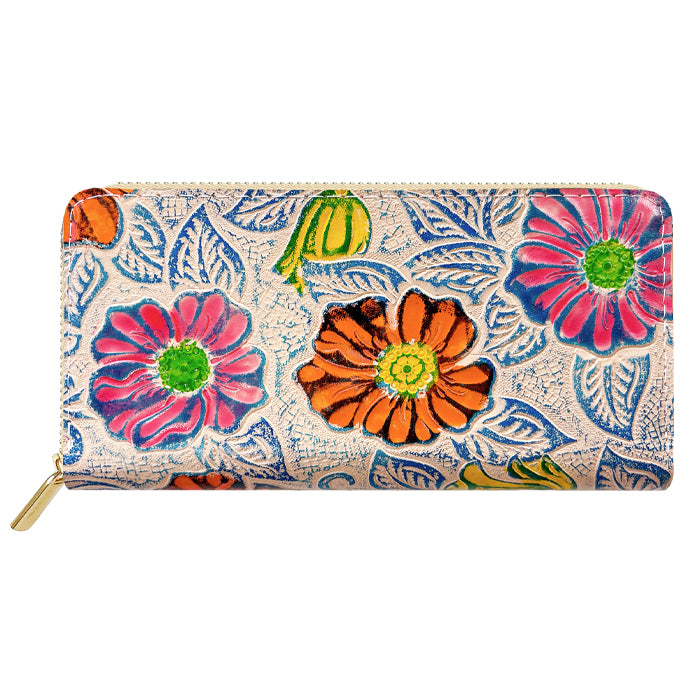 【Leo&Aoi公式ショップ】 本革 レトロな花型押し 蛇腹 カードポケット付き 財布 長財布 ラウンド型ファスナー レディース 大容量 【安心の返品保証付き】