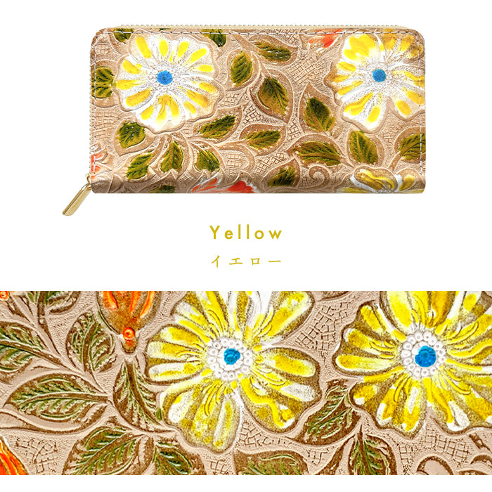 【Leo&Aoi公式ショップ】 本革 レトロな花型押し 蛇腹 カードポケット付き 財布 長財布 ラウンド型ファスナー レディース 大容量 【安心の返品保証付き】