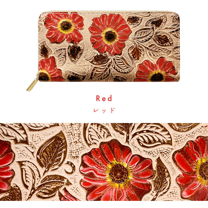 【Leo&Aoi公式ショップ】 本革 レトロな花型押し 蛇腹 カードポケット付き 財布 長財布 ラウンド型ファスナー レディース 大容量 【安心の返品保証付き】