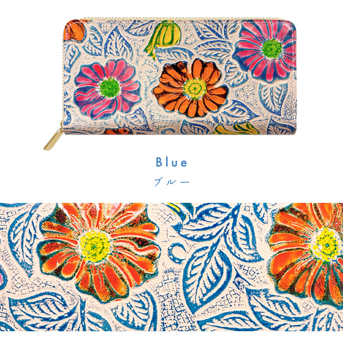 【Leo&Aoi公式ショップ】 本革 レトロな花型押し 蛇腹 カードポケット付き 財布 長財布 ラウンド型ファスナー レディース 大容量 【安心の返品保証付き】