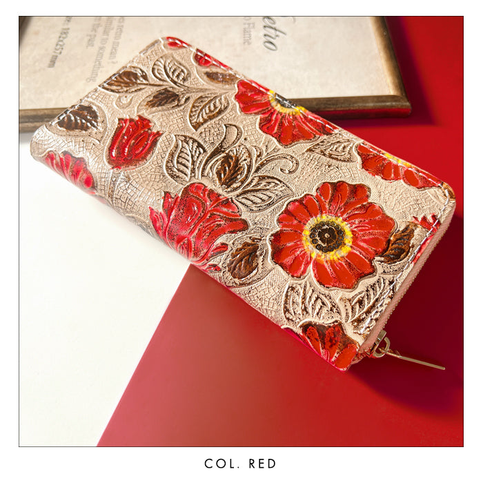 【Leo&Aoi公式ショップ】 本革 レトロな花型押し 蛇腹 カードポケット付き 財布 長財布 ラウンド型ファスナー レディース 大容量 【安心の返品保証付き】