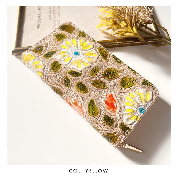 【Leo&Aoi公式ショップ】 本革 レトロな花型押し 蛇腹 カードポケット付き 財布 長財布 ラウンド型ファスナー レディース 大容量 【安心の返品保証付き】