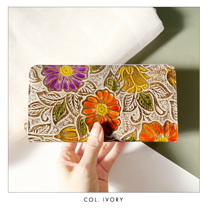 【Leo&Aoi公式ショップ】 本革 レトロな花型押し 蛇腹 カードポケット付き 財布 長財布 ラウンド型ファスナー レディース 大容量 【安心の返品保証付き】