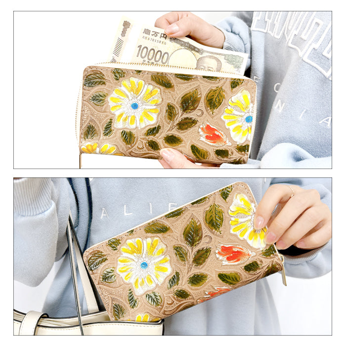 【Leo&Aoi公式ショップ】 本革 レトロな花型押し 蛇腹 カードポケット付き 財布 長財布 ラウンド型ファスナー レディース 大容量 【安心の返品保証付き】