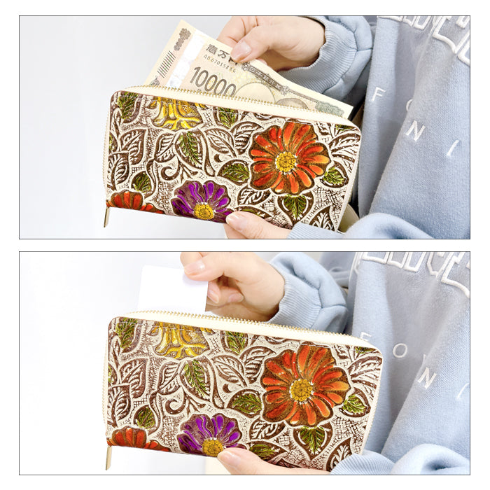 【Leo&Aoi公式ショップ】 本革 レトロな花型押し 蛇腹 カードポケット付き 財布 長財布 ラウンド型ファスナー レディース 大容量 【安心の返品保証付き】
