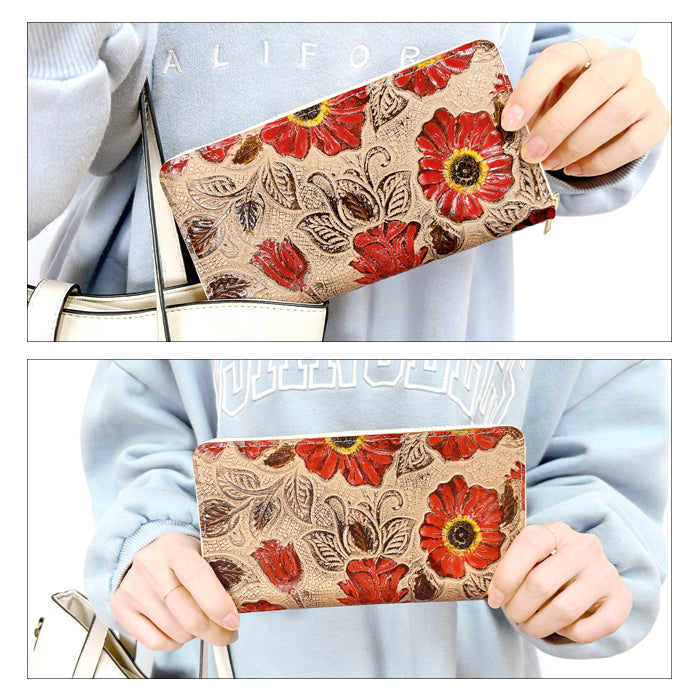 【Leo&Aoi公式ショップ】 本革 レトロな花型押し 蛇腹 カードポケット付き 財布 長財布 ラウンド型ファスナー レディース 大容量 【安心の返品保証付き】