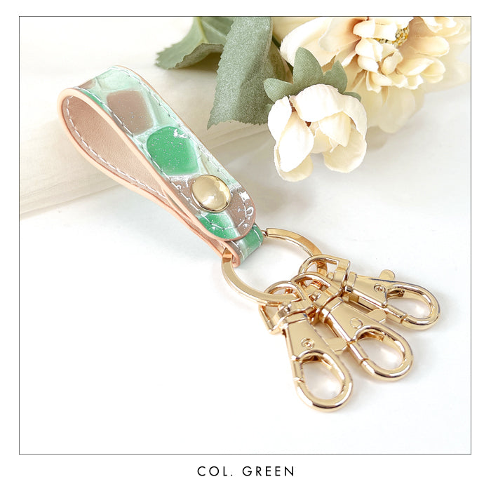 【Leo&Aoi公式ショップ】 ステンドグラス 3連 キーリング 本革 スナップボタン 本革キーリング 【安心の返品保証付き】