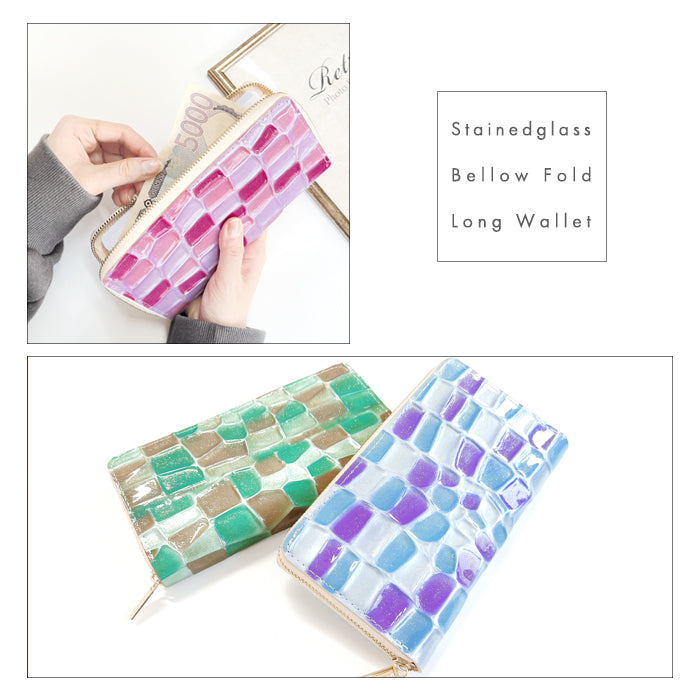 【Leo&Aoi公式ショップ】 ステンドグラス 蛇腹 カードポケット付き 長財布 本革 ラウンド型ファスナー 財布 レディース 大容量 【安心の返品保証付き】