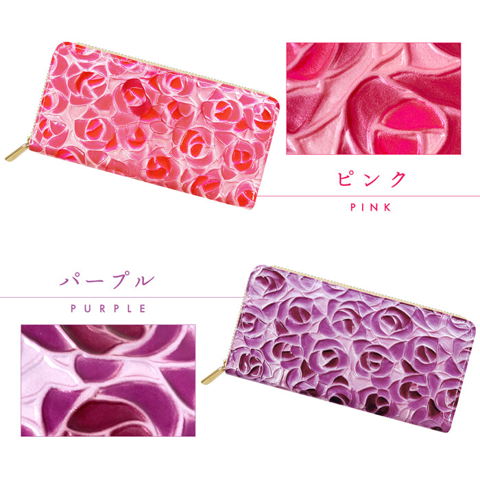 【Leo&Aoi公式ショップ】 ステンドグラスローズ 蛇腹 カードポケット付き 長財布 本革 ラウンド型ファスナー 財布 レディース 大容量 【安心の返品保証付き】