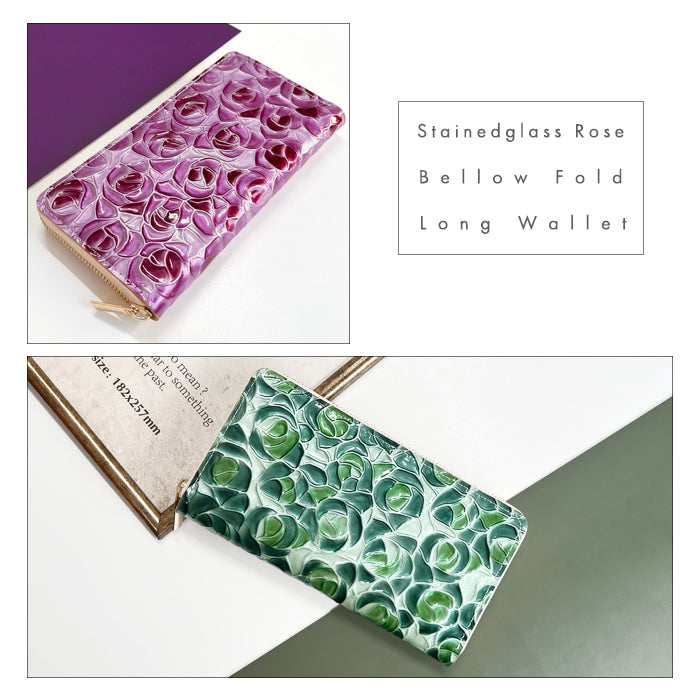 【Leo&Aoi公式ショップ】 ステンドグラスローズ 蛇腹 カードポケット付き 長財布 本革 ラウンド型ファスナー 財布 レディース 大容量 【安心の返品保証付き】