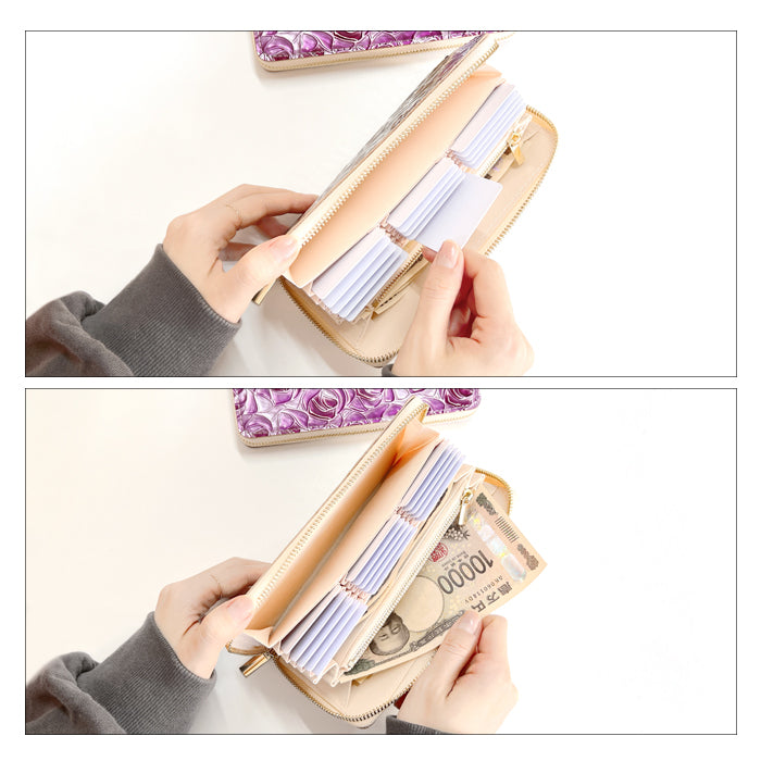 【Leo&Aoi公式ショップ】 ステンドグラスローズ 蛇腹 カードポケット付き 長財布 本革 ラウンド型ファスナー 財布 レディース 大容量 【安心の返品保証付き】