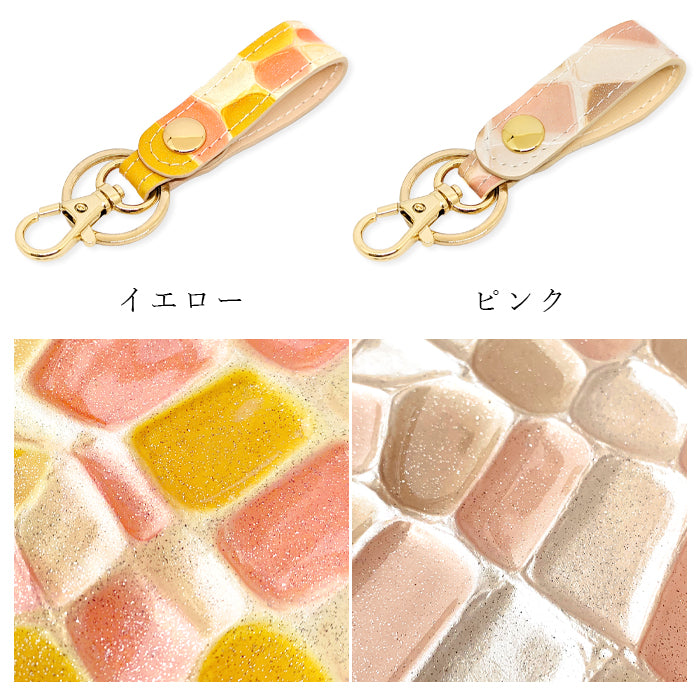 【Leo&Aoi公式ショップ】 本革 キーリング キーホルダー スナップボタン ステンドグラス エナメル 型押し