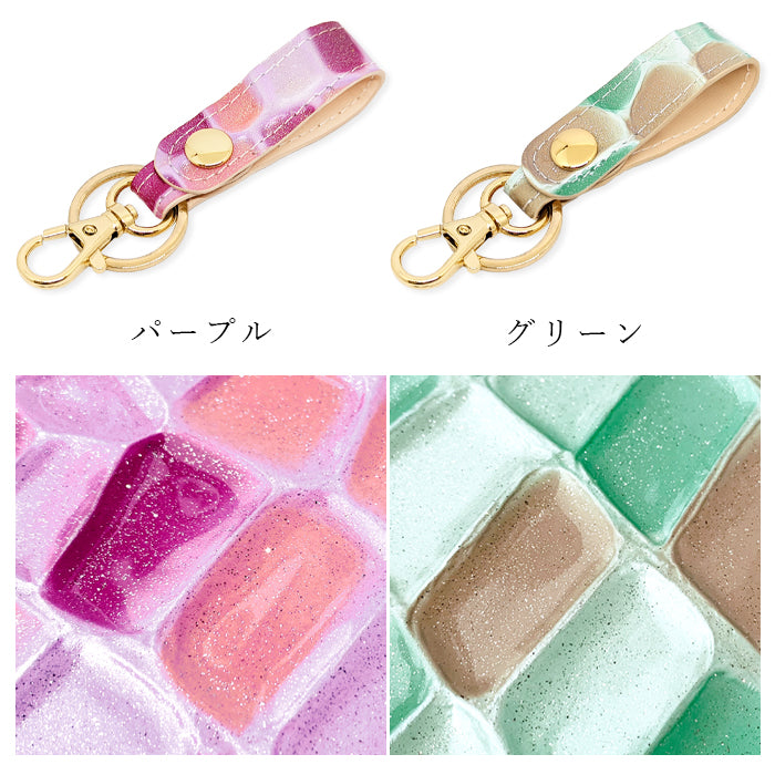 【Leo&Aoi公式ショップ】 本革 キーリング キーホルダー スナップボタン ステンドグラス エナメル 型押し