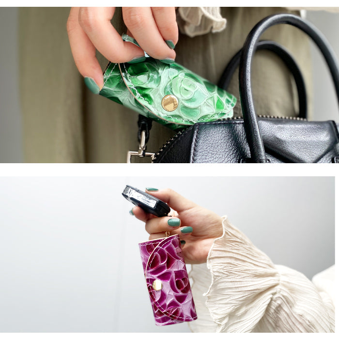 【Leo&Aoi公式ショップ】 牛革 ステンドグラス ローズ キーケース 4連 本革 レディース スマートキー 三つ折り レザー 鍵入れ 鍵 カギ 収納 スリム コンパクト キーホルダー 4連キーケース エナメル加工 日本製 バラ 薔薇 【安心の返品保証付き】