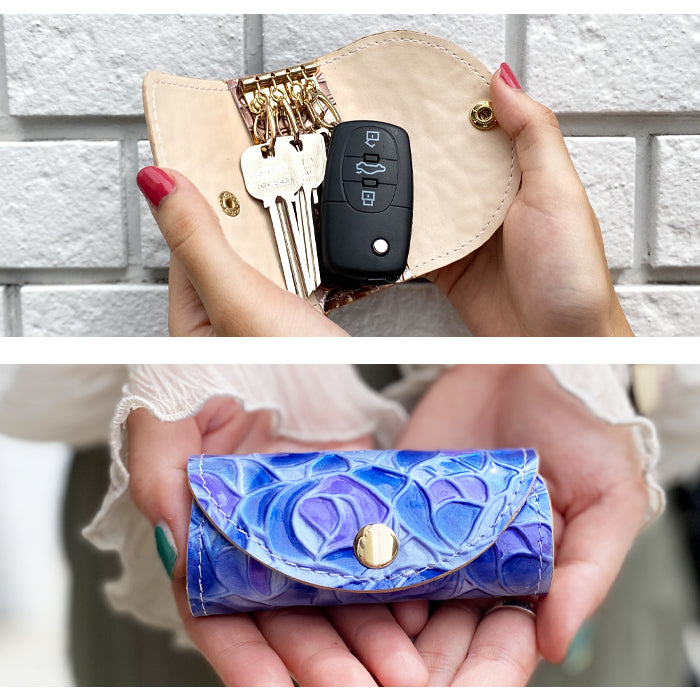 ステンドグラス ローズ キーケース 4連 本革 レディース スマートキー 三つ折り 牛革 レザー 鍵入れ 鍵 カギ 収納 スリム コンパクト キーホルダー 4連キーケース エナメル加工 日本製 バラ 薔薇