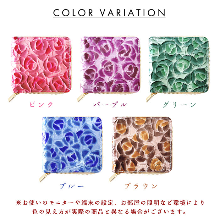 【Leo&Aoi公式ショップ】 ステンドグラスローズ ラウンド型 二つ折り財布 本革 レディース ラウンドファスナー 財布 小銭入れ 薄型 コインケース付き 薔薇 エナメル 【安心の返品保証付き】