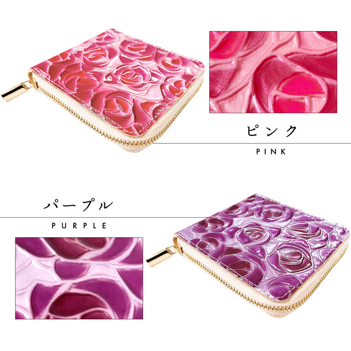 【Leo&Aoi公式ショップ】 ステンドグラスローズ ラウンド型 二つ折り財布 本革 レディース ラウンドファスナー 財布 小銭入れ 薄型 コインケース付き 薔薇 エナメル 【安心の返品保証付き】