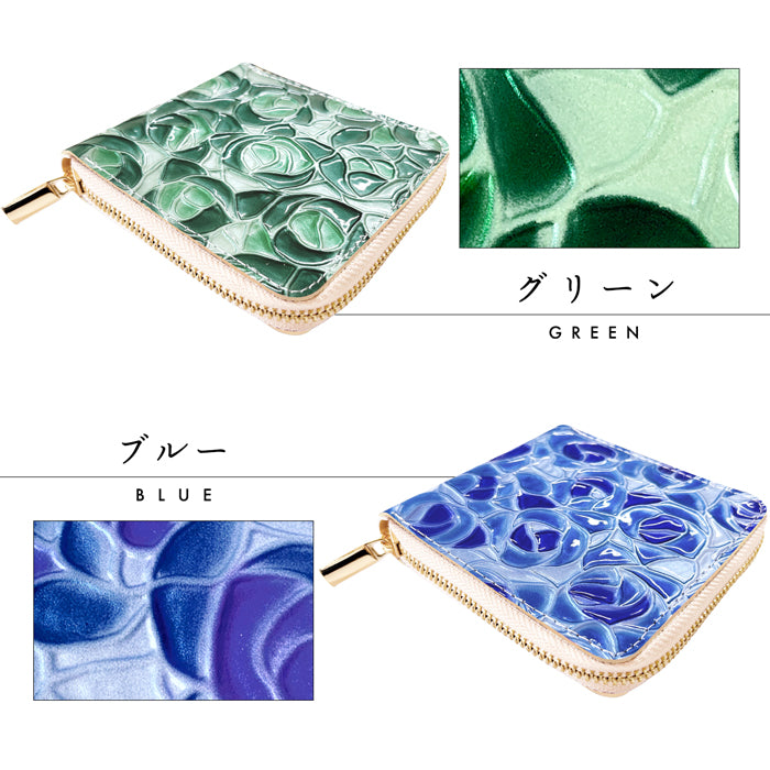 【Leo&Aoi公式ショップ】 ステンドグラスローズ ラウンド型 二つ折り財布 本革 レディース ラウンドファスナー 財布 小銭入れ 薄型 コインケース付き 薔薇 エナメル 【安心の返品保証付き】