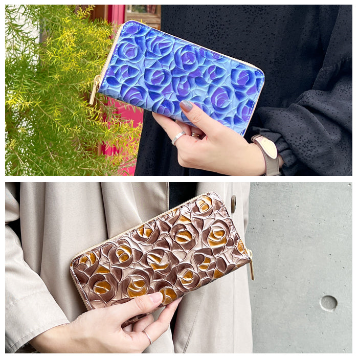 【Leo&Aoi公式ショップ】 ステンドグラスローズ 財布 長財布 レディース 本革 ラウンドファスナー サイフ さいふ ウォレット 革 牛革 レザー カード収納 革財布 ラウンド長財布 ラウンド財布 長サイフ 本革長財布 エナメル加工 バラ 薔薇 ローズ ハンドメイド【安心の返品保証付き】