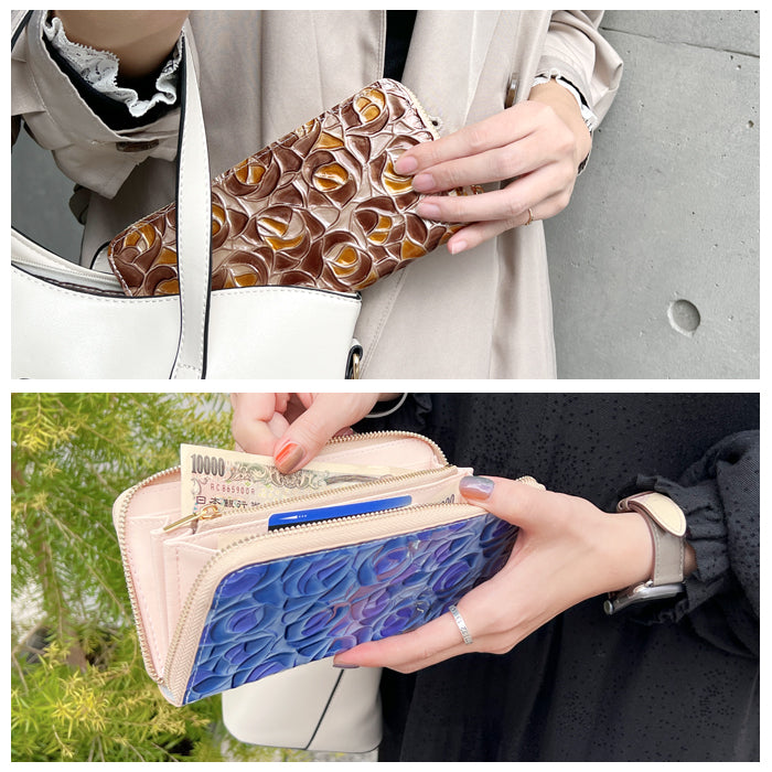 【Leo&Aoi公式ショップ】 ステンドグラスローズ 財布 長財布 レディース 本革 ラウンドファスナー サイフ さいふ ウォレット 革 牛革 レザー カード収納 革財布 ラウンド長財布 ラウンド財布 長サイフ 本革長財布 エナメル加工 バラ 薔薇 ローズ ハンドメイド【安心の返品保証付き】