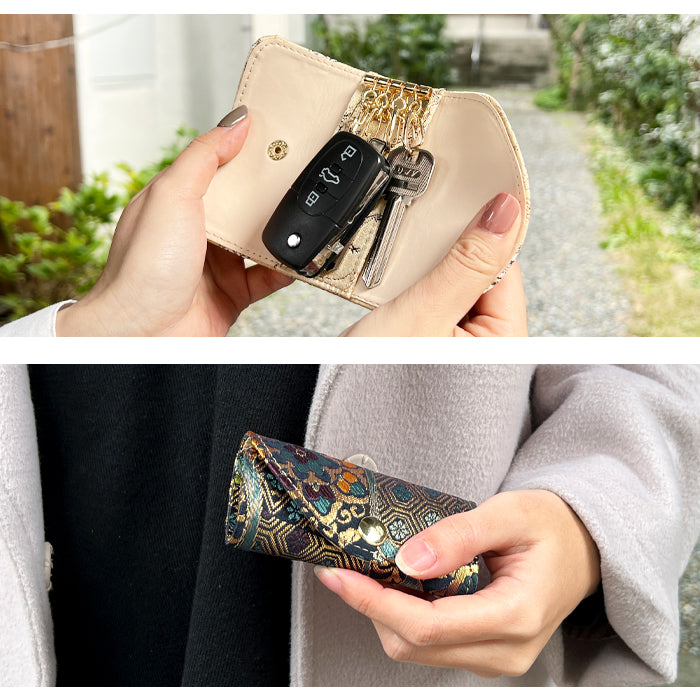 【Leo&Aoi公式ショップ】 西陣織 月影 キーケース 4連 レディース スマートキー 三つ折り 鍵入れ 鍵 カギ 収納 スリム コンパクト キーホルダー 4連キーケース 金襴 高級 華やか 着物 和柄 和風 日本製 鳥獣戯画 【安心の返品保証付き】