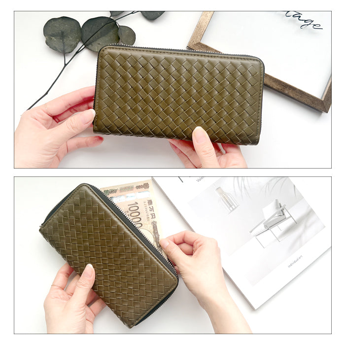 【Leo&Aoi公式ショップ】 本革 編み込み 長財布 メンズ レディース 財布 ラウンド型ファスナー 大容量 カード収納 WL-R1-08 【安心の返品保証付き】