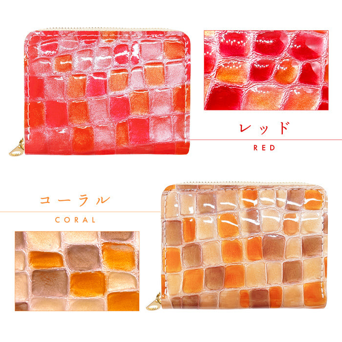 【Leo&Aoi公式ショップ】上品なステンドグラス 蛇腹 シンプル財布 ラウンド型ファスナー レディース ミニ財布 カード入れ エナメル 本革 財布 牛革 【安心の返品保証付き】