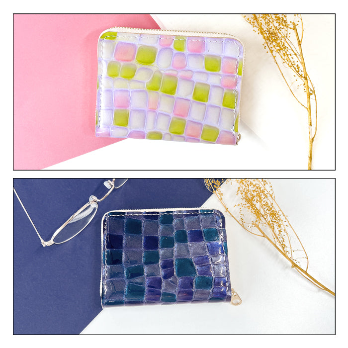 【Leo&Aoi公式ショップ】上品なステンドグラス 蛇腹 シンプル財布 ラウンド型ファスナー レディース ミニ財布 カード入れ エナメル 本革 財布 牛革 【安心の返品保証付き】