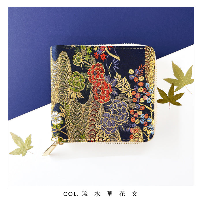 【Leo&Aoi公式ショップ】 西陣織 明 ラウンド型二つ折り財布 財布 レディース ラウンドファスナー 二つ折り財布 小銭入れ 二つ折り 薄型 カード入れ ウォレット コインケース付き ハンドメイド 金襴 和柄 桜