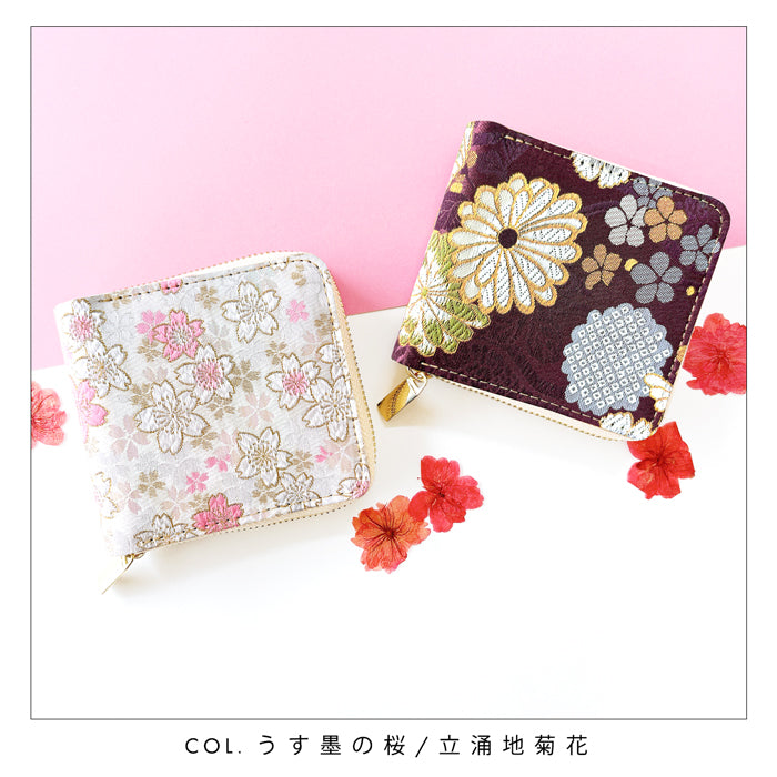 【Leo&Aoi公式ショップ】 西陣織 明 ラウンド型二つ折り財布 財布 レディース ラウンドファスナー 二つ折り財布 小銭入れ 二つ折り 薄型 カード入れ ウォレット コインケース付き ハンドメイド 金襴 和柄 桜
