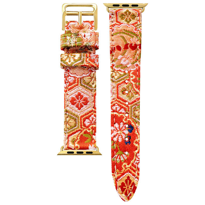 西陣織 明 Apple Watch アップルウォッチ バンド レザー 付け替え 交換 ベルト applewatchseries 7 SE 6 5 4 3 2 1 全シリーズ対応 着物 和風 和柄 和 豪華 織物 レディース ハンドメイド 38mm 40mm 41mm 42mm 44mm 45mm