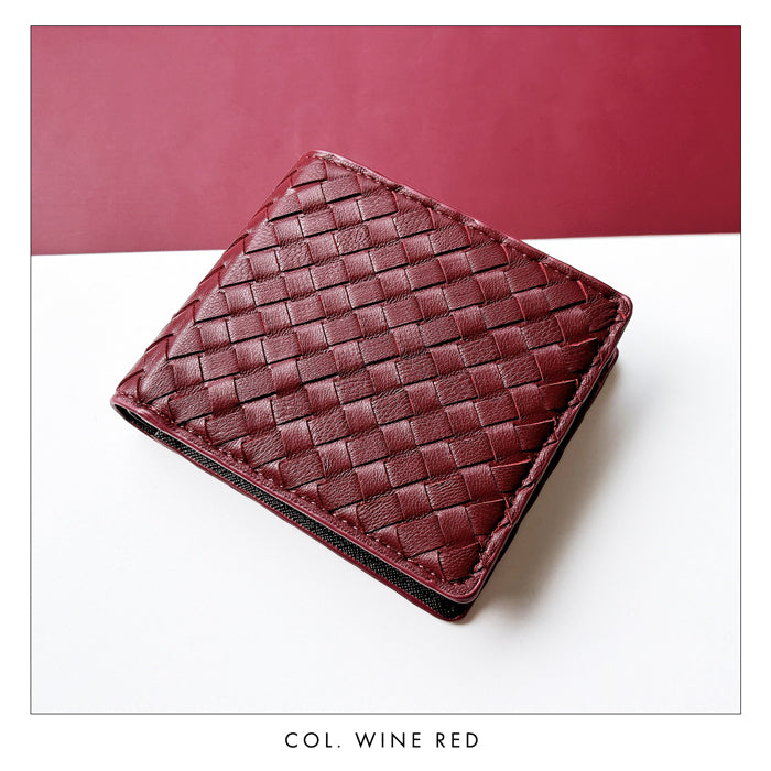 【Leo&Aoi公式ショップ】本革 編み込み 二つ折り財布 メンズ カード収納 小銭入れ コインケース付き サイフ ウォレット 薄型 コンパクト 【WM-D6-08】 【安心の返品保証付き】