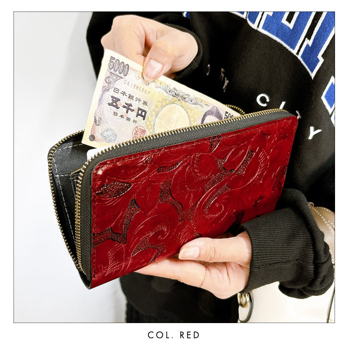 【Leo&Aoi公式ショップ】 アンティーク調 バラ 蛇腹式 カードポケット付き 長財布 本革 財布 ラウンドファスナー サイフ さいふ ウォレット 革 レザー 牛革 革財布 牛ヌメ ラウンド長財布 ラウンド財布 長サイフ 本革長財布 カード収納 レディース バラ柄 薔薇 花柄 【安心の返品保証付き】