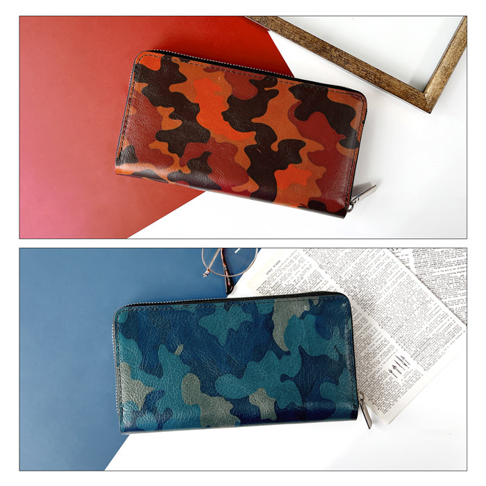 【Leo&Aoi公式ショップ】 カモフラージュ 蛇腹式 カードポケット付き 長財布 財布 本革 ラウンドファスナー サイフ さいふ ウォレット 革 レザー 革財布 ラウンド長財布 ラウンド財布 長サイフ 本革長財布 カード収納 メンズ 迷彩柄 カモフラ 【安心の返品保証付き】