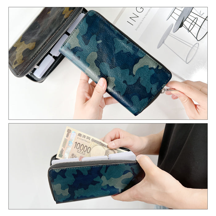 【Leo&Aoi公式ショップ】 カモフラージュ 蛇腹式 カードポケット付き 長財布 財布 本革 ラウンドファスナー サイフ さいふ ウォレット 革 レザー 革財布 ラウンド長財布 ラウンド財布 長サイフ 本革長財布 カード収納 メンズ 迷彩柄 カモフラ 【安心の返品保証付き】