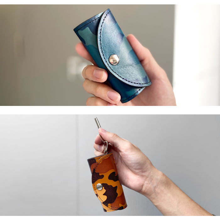 カモフラージュ キーケース 4連 本革 メンズ レディース スマートキー 三つ折り 牛革 ヌメ革 牛ヌメ革 吟擦り レザー 鍵入れ 鍵 カギ 収納 スリム コンパクト キーホルダー 4連キーケース 迷彩柄 カモフラ