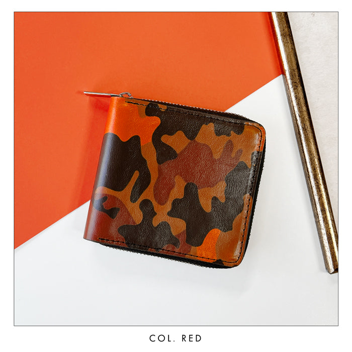【Leo&Aoi公式ショップ】 カモフラージュ ラウンド型 二つ折り財布 ラウンドファスナー 牛革 牛ヌメ革 本革 財布 ラウンド型財布 小銭入れ 二つ折り メンズ レディース コンパクト 薄型 カード入れ 革財布 ウォレット コインケース付き ハンドメイド 迷彩柄【安心の返品保証付き】