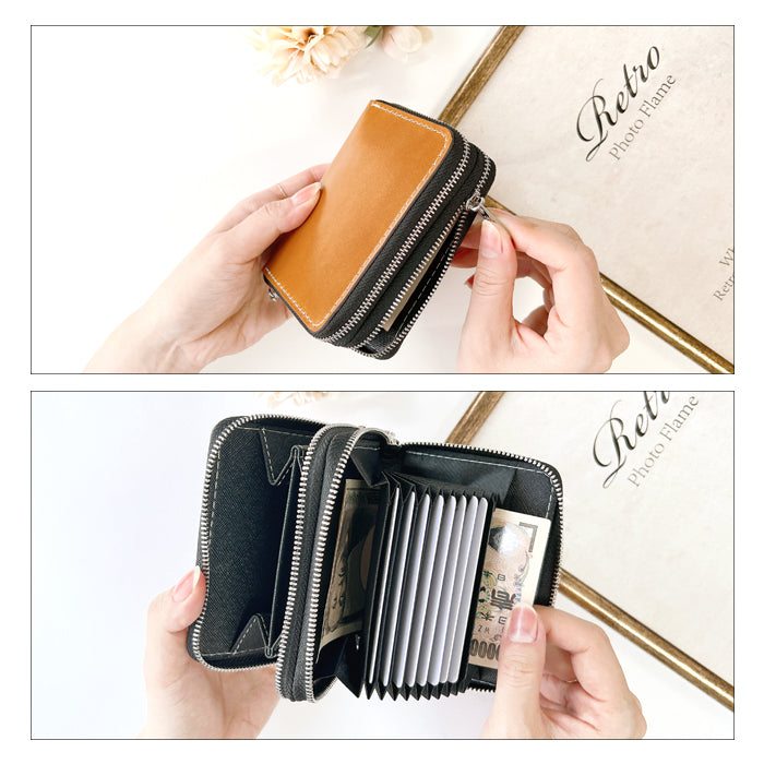 【Leo&Aoi公式ショップ】 本革 コードバン 蛇腹 ダブルファスナー 財布 馬革 メンズ カード収納 ミニ財布 小さい財布 ラウンド型財布 ホースレザー  【安心の返品保証付き】