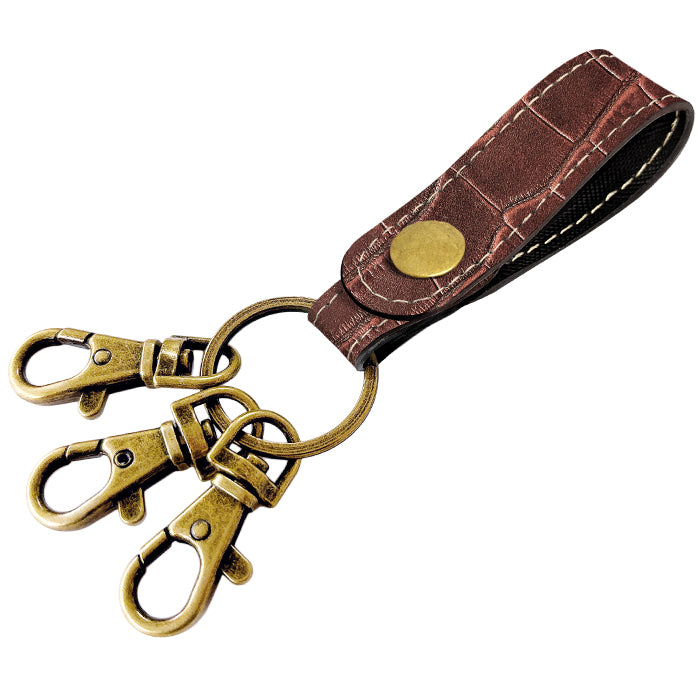 【Leo&Aoi公式ショップ】クロコダイル 型押し 3連 キーリング 本革 スナップボタン 本革キーリング ワニ柄 わに柄【安心の返品保証付き】