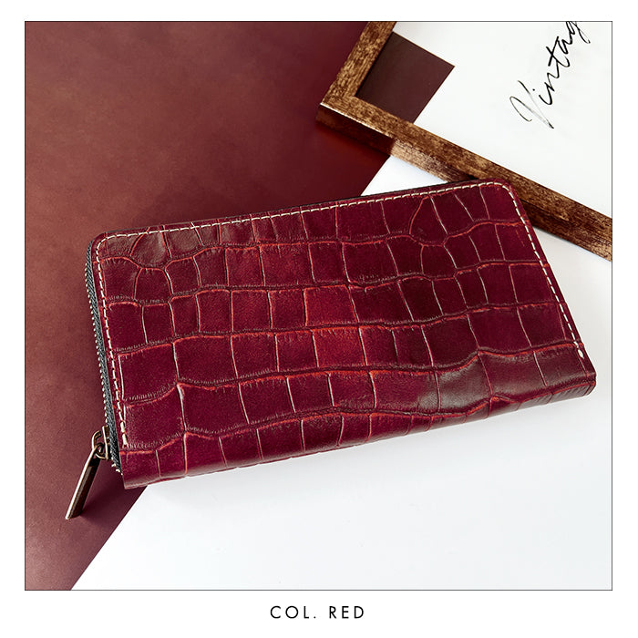【Leo&Aoi公式ショップ】 クロコダイル 型押し 蛇腹式 カードポケット付き 長財布 財布 ラウンドファスナー サイフ さいふ ウォレット 本革 革 レザー 牛革 革財布 牛ヌメ ラウンド長財布 ラウンド財布 長サイフ 本革長財布 カード収納 メンズ ワニ柄 わに柄 【安心の返品保証付き】