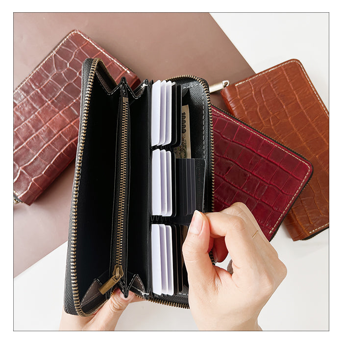 【Leo&Aoi公式ショップ】 クロコダイル 型押し 蛇腹式 カードポケット付き 長財布 財布 ラウンドファスナー サイフ さいふ ウォレット 本革 革 レザー 牛革 革財布 牛ヌメ ラウンド長財布 ラウンド財布 長サイフ 本革長財布 カード収納 メンズ ワニ柄 わに柄 【安心の返品保証付き】