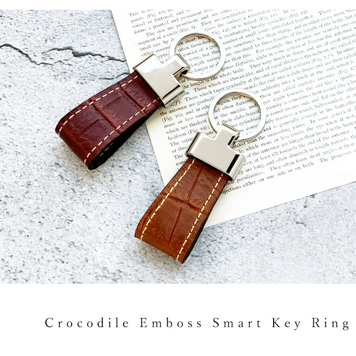 【Leo&Aoi公式ショップ】 クロコダイル 型押し スマートキーリング 本革 キーホルダー バッグチャーム 本革キーリング 牛革 レザー 鍵 カギ レディース メンズ ワニ柄 わに柄 高級感 【安心の返品保証付き】