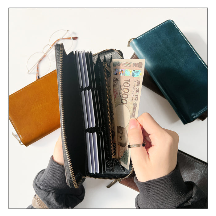 【Leo&Aoi公式ショップ】 ダグラスレザー 蛇腹 カードポケット付き 長財布 財布 ラウンドファスナー サイフ さいふ ウォレット 革 イタリア産 ダグラス レザー カード収納 本革 牛革 革財布 牛ヌメ ラウンド長財布 ラウンド財布 長サイフ 本革長財布 メンズ レディース ハンドメイド 【安心の返品保証付き】