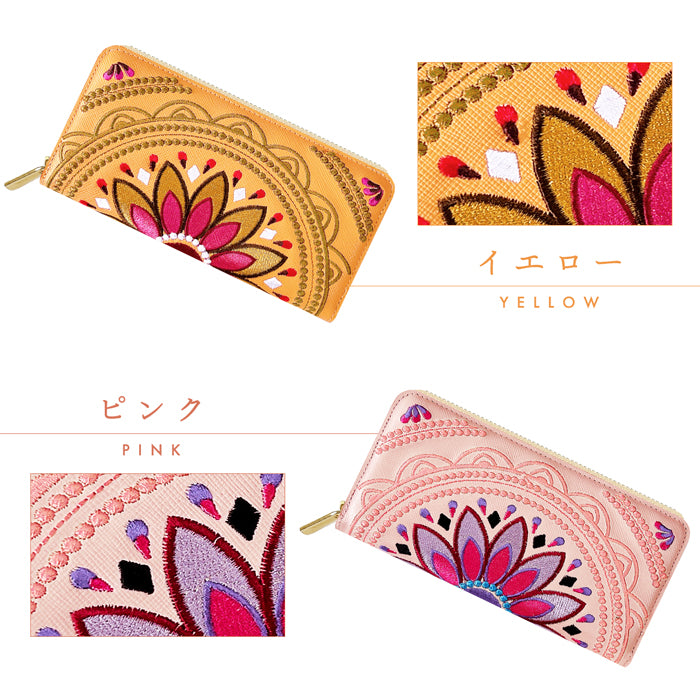 【Leo&Aoi公式ショップ】 エスニック刺繍 長財布 本革 財布 レディース ラウンド型ファスナー サフィアーノレザー メンズ エスニック柄 WL-R1-S1【安心の返品保証付き】