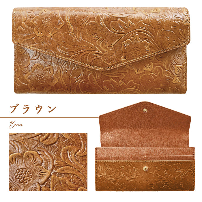 【Leo&Aoi公式ショップ】 本革 フラップ付き長財布 花型押し レディース 小銭入れ 三つ折り長財布 カード収納 コインケース サイフ さいふ ウォレット 革 レザー 花柄 WL-D3-09【安心の返品保証付き】