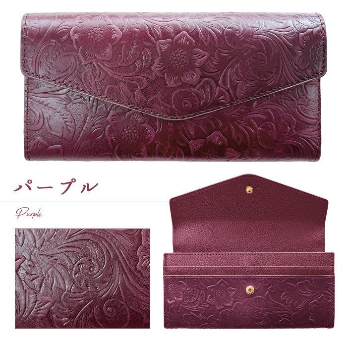 【Leo&Aoi公式ショップ】 本革 フラップ付き長財布 花型押し レディース 小銭入れ 三つ折り長財布 カード収納 コインケース サイフ さいふ ウォレット 革 レザー 花柄 WL-D3-09【安心の返品保証付き】
